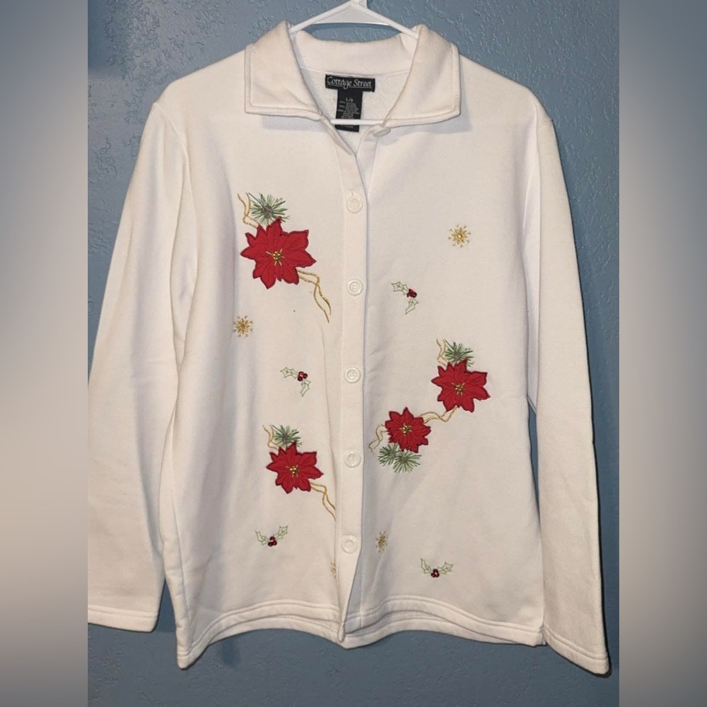 White Poinsettia Embroidered Button-Up Cardigan by Country Street